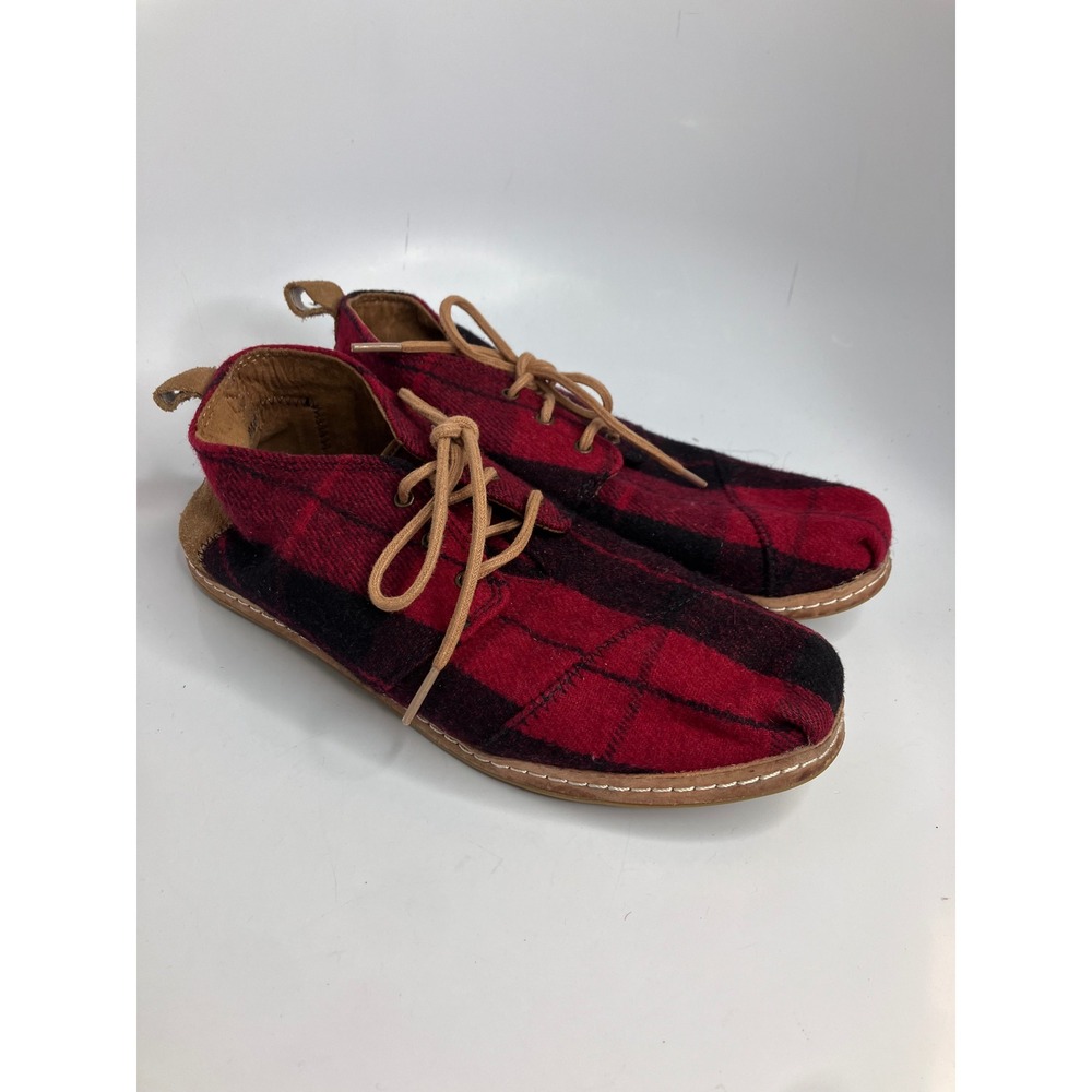 TOMS Chukka Boots Womens 10 Red Black Buffalo Plaid Good Wool Suede Lace Up